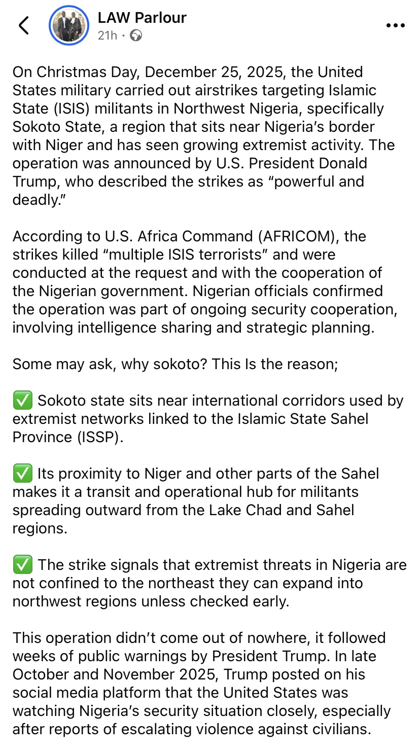 “Why Trump chose Sokoto as first location to bomb ISIS terrorists” - Lawyer