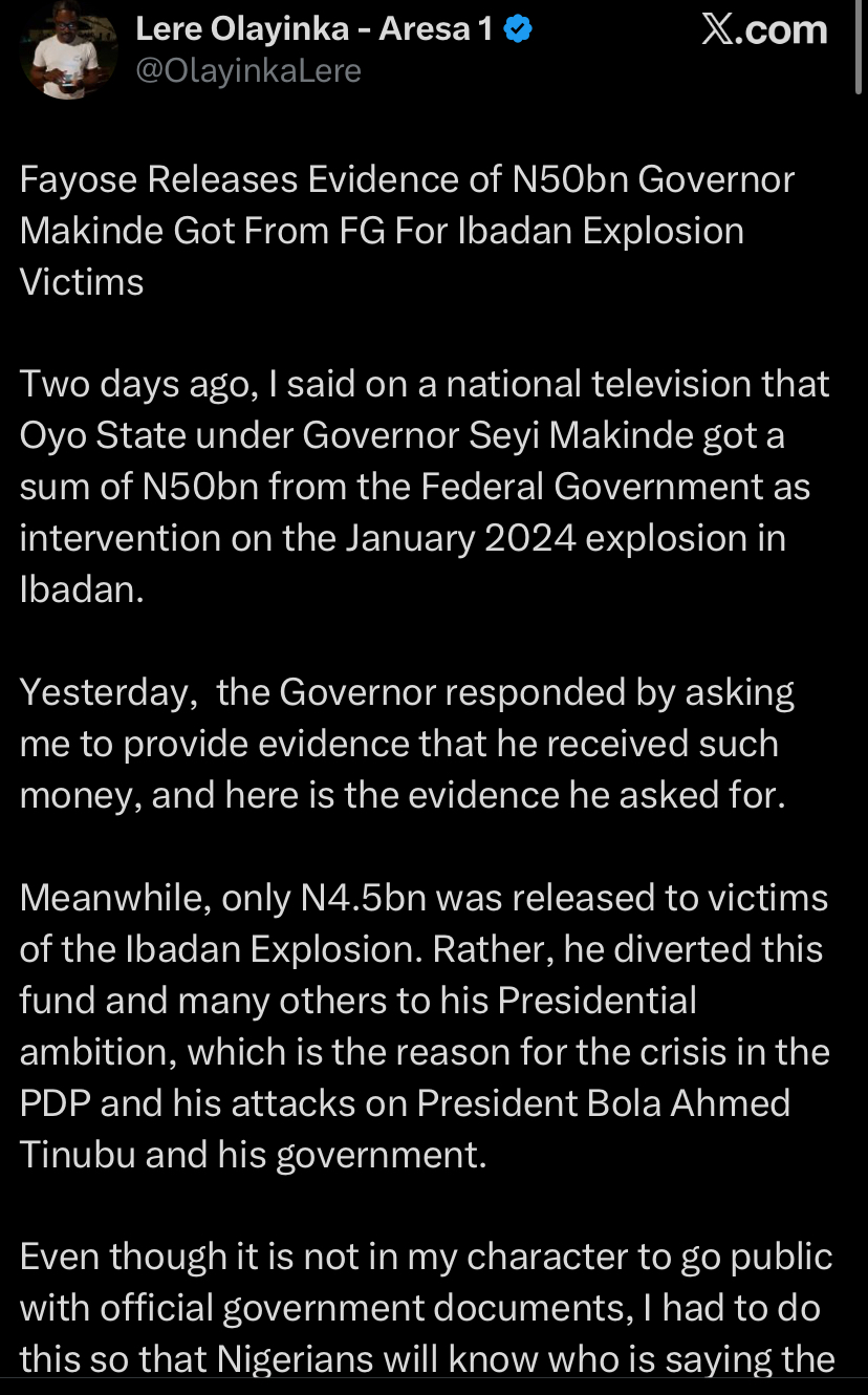 Fayose releases documents showing Gov. Makinde received N50bn from Tinubu’s government