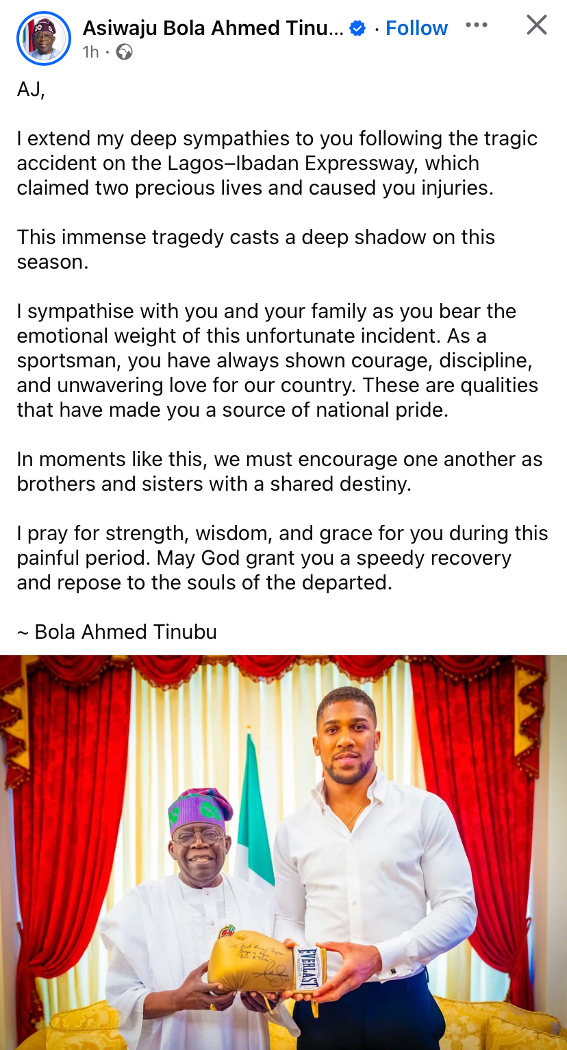 Tinubu reacts to Anthony Joshua’s tragic accident in Ogun