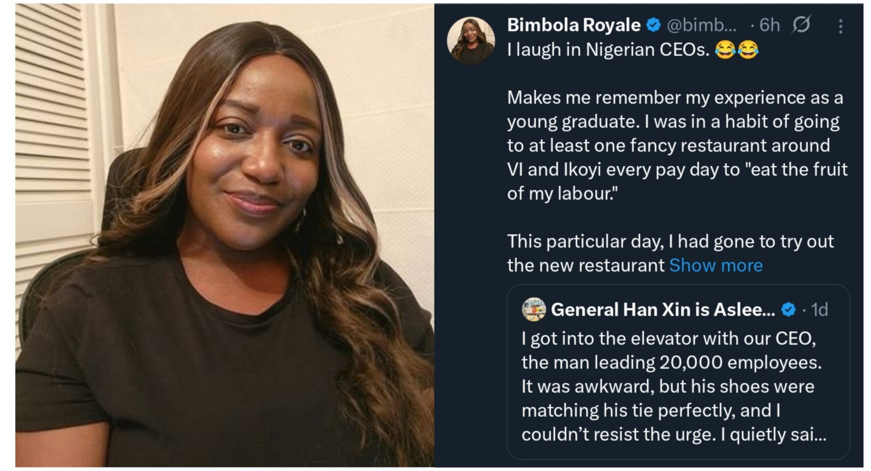 "My CEO summoned me for eating in the same restaurant with her and her guest" – Lady narrates