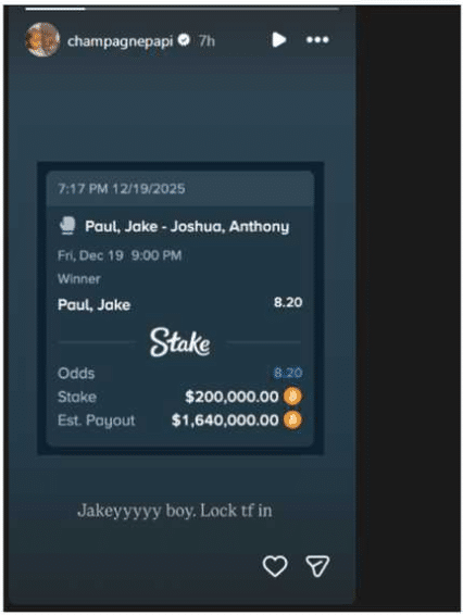 Drake loses ₦296m betting on Jake Paul as Anthony Joshua wins