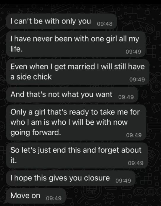 “I’ll always have a side chick" - Lady shares 'unexpected' breakup message she received from boyfriend