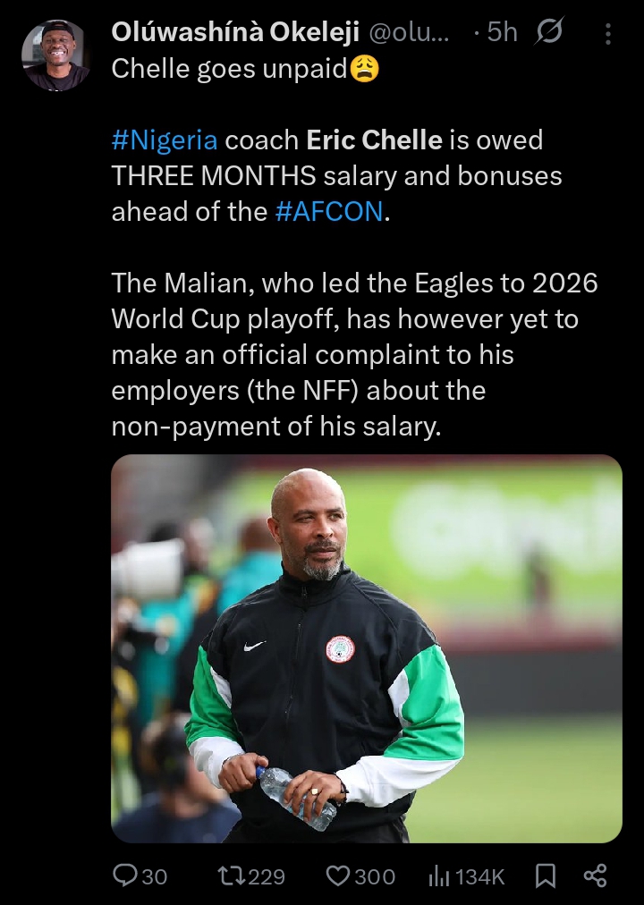 NFF reportedly owes Super Eagles coach Eric Chelle three months’ salary