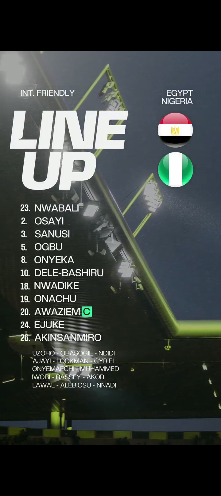 Egypt vs Nigeria: Onuachu leads Super Eagles attack, Awaziem captain