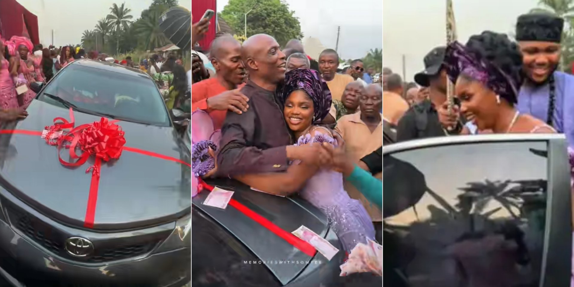 Bride overwhelmed with emotions as Dad gifts her a car on wedding day