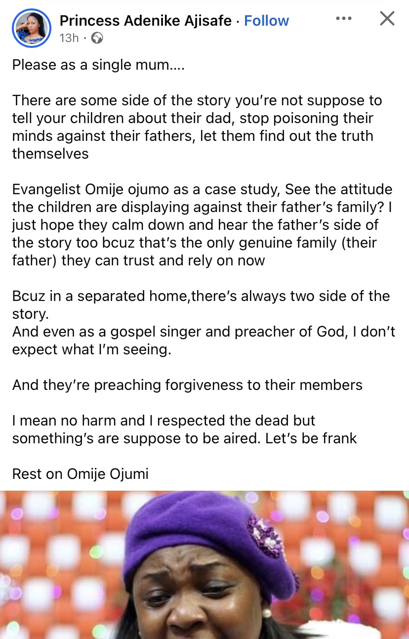 Omije Ojumi: Lady advises single mothers single-handedly raising children, warns against poisoning minds