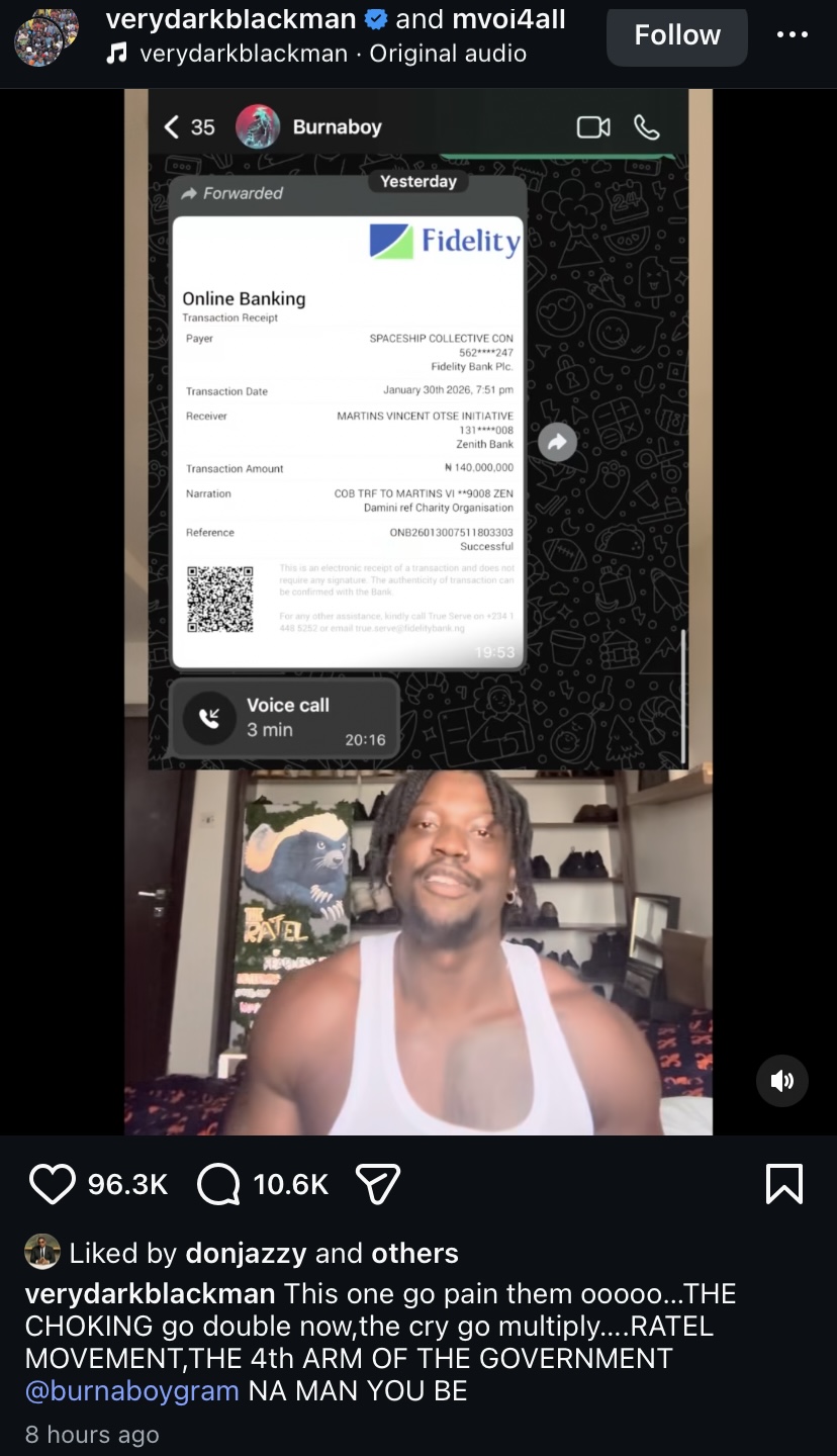 Burna Boy donates N140 million to VeryDarkMan’s NGO, becomes highest single donor