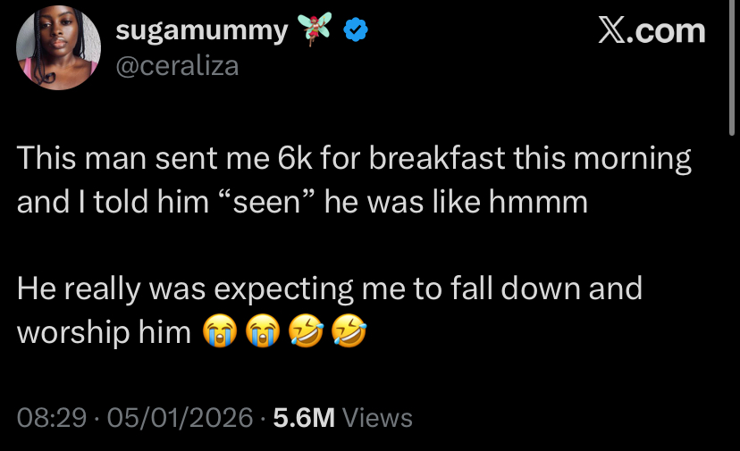 “You wanted me to worship you?” - Lady reacts as admirer sends her ₦6k for breakfast