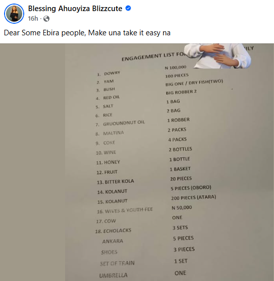 Lady calls out Ebira people over wedding engagement list given to her uncle