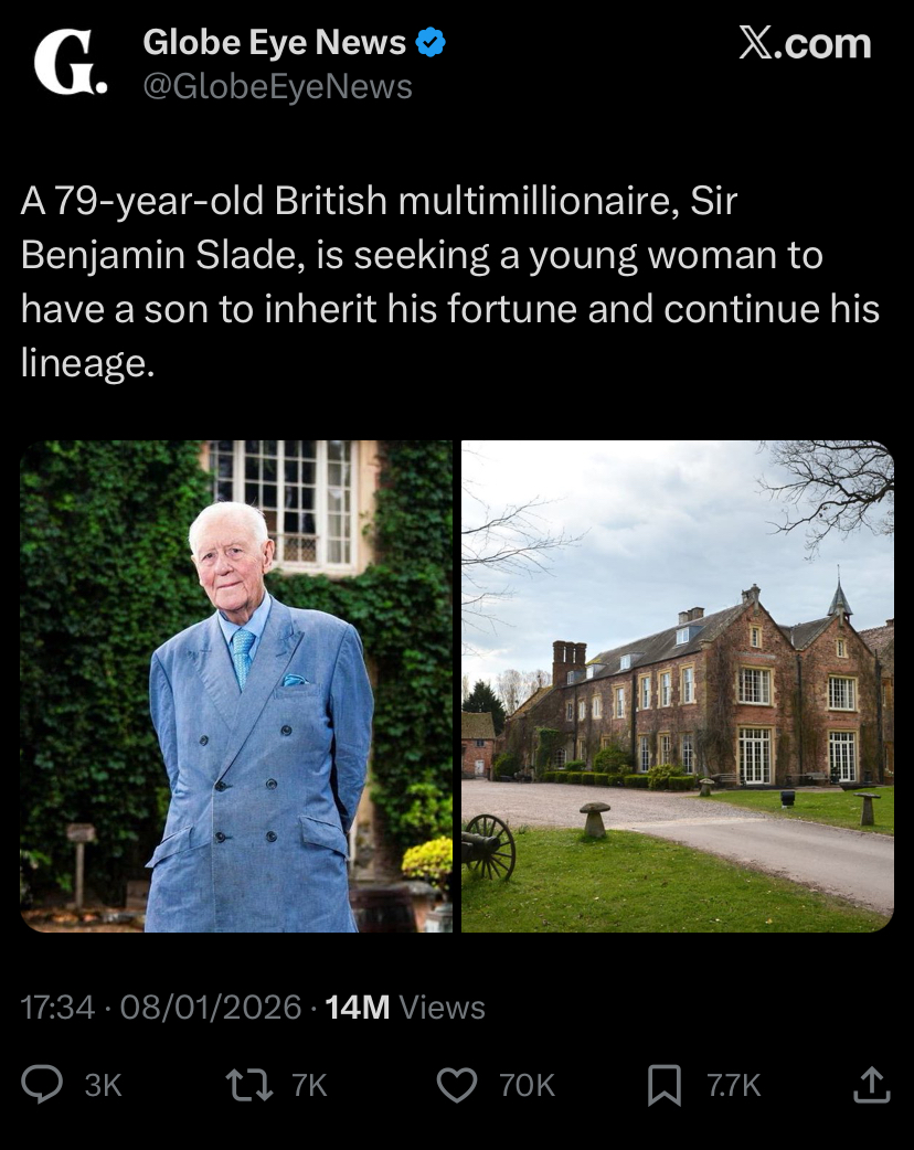 79-year-old British multimillionaire searches for young wife to bear him a son