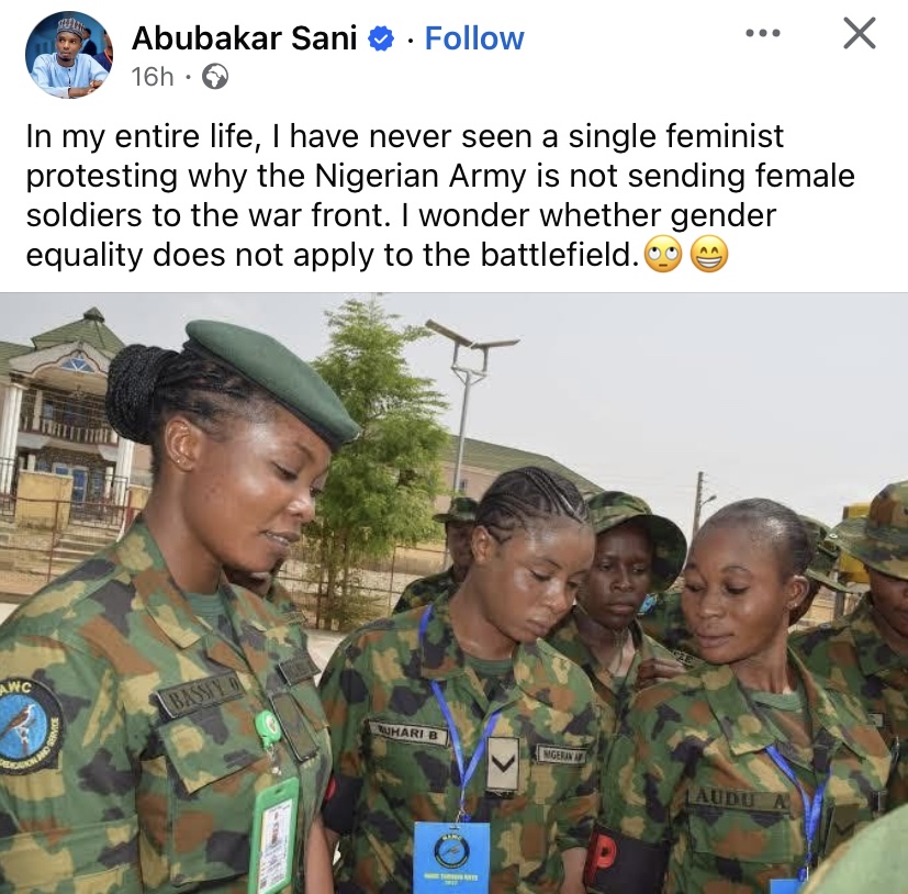 “Does gender equality not apply on battlefield?” - Man questions female soldier deployment in Nigerian Army