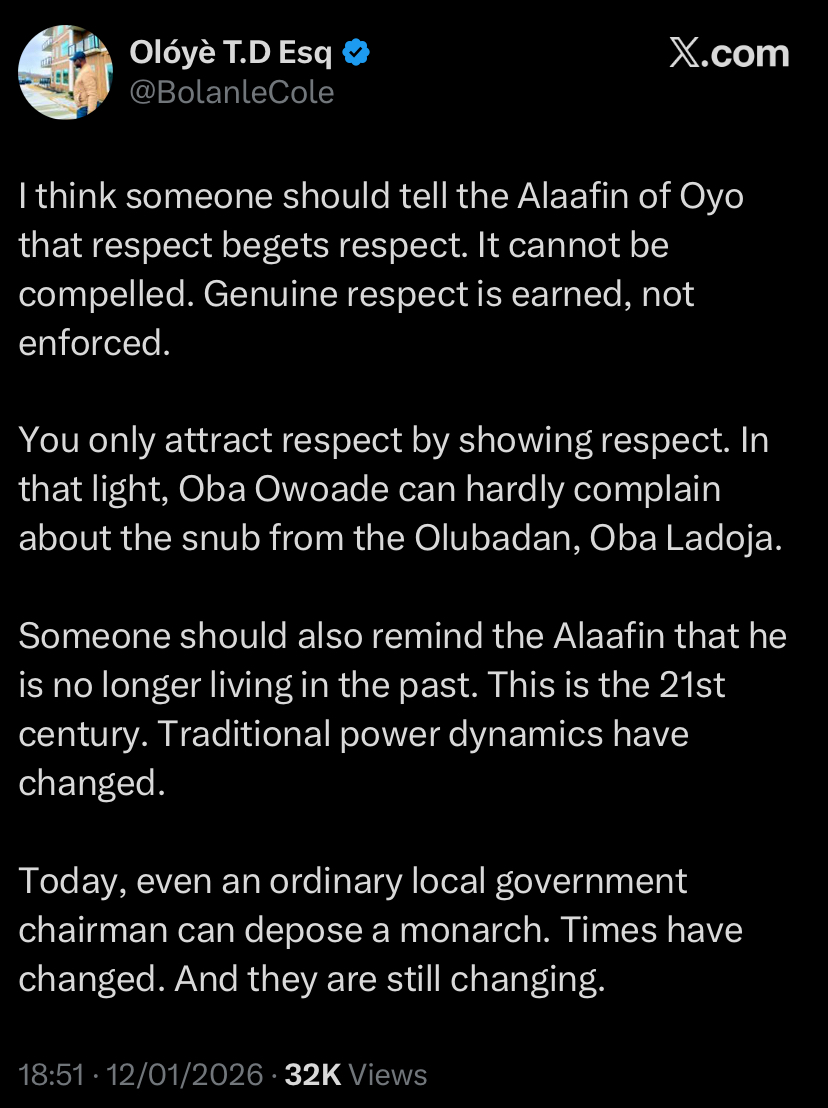 Lawyer reacts after Olubadan 'snubs' Alaafin, says 'Alaafin can't complain'