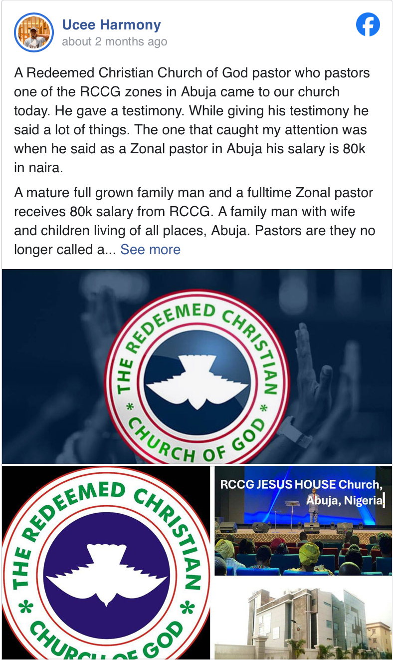 "Imagine paying ur full-time pastor just N80k” - RCCG member calls out church over how much it pays pastors