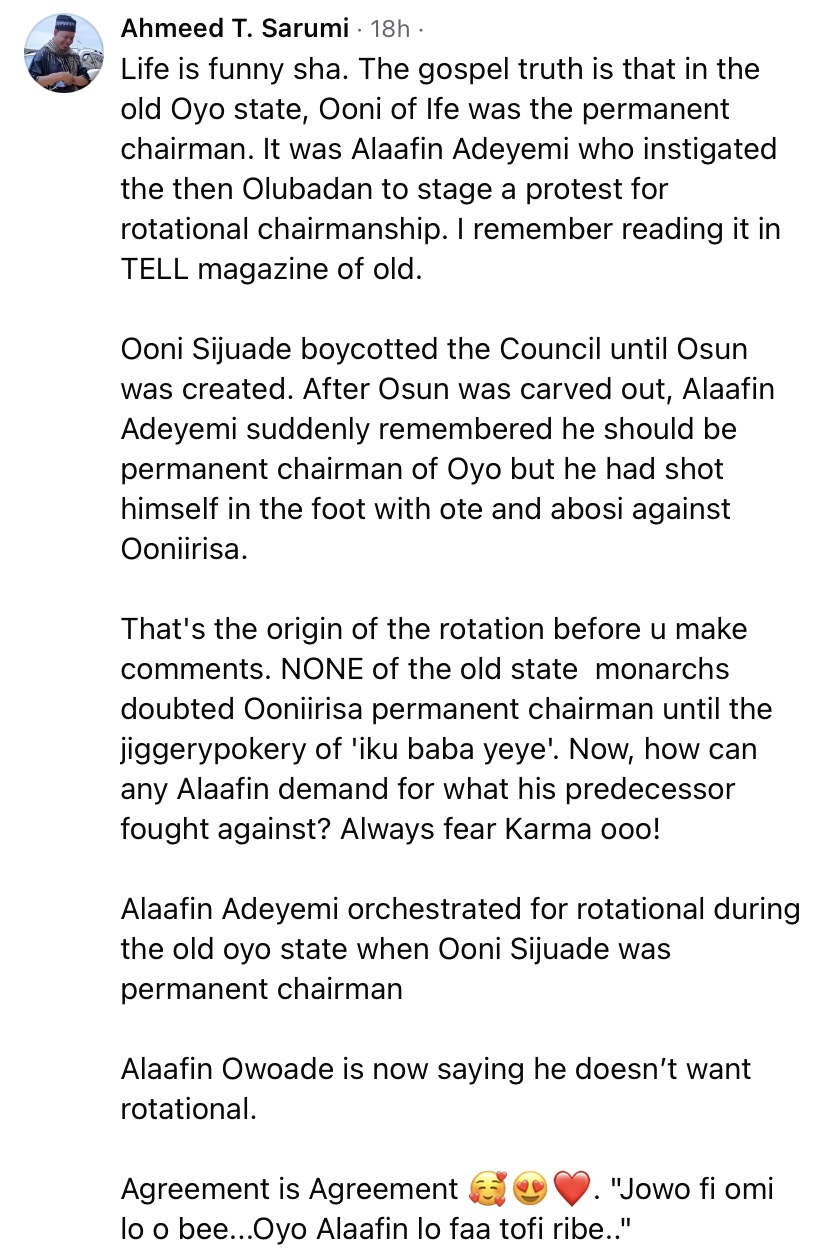 Man reacts as Alaafin rejects rotational chairmanship after Olubadan becomes Oyo Obas’ Council Chairman