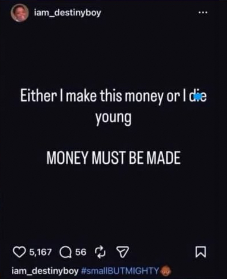 Old post of Destiny Boy amid money ritual claims trends online following his death