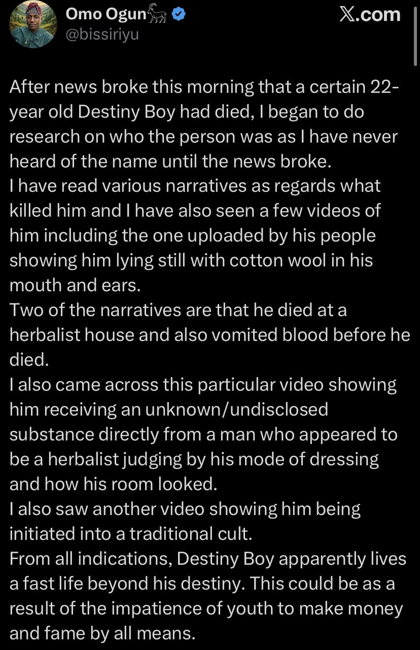 Destiny Boy: Man who researched about singer’s death shares what he found out