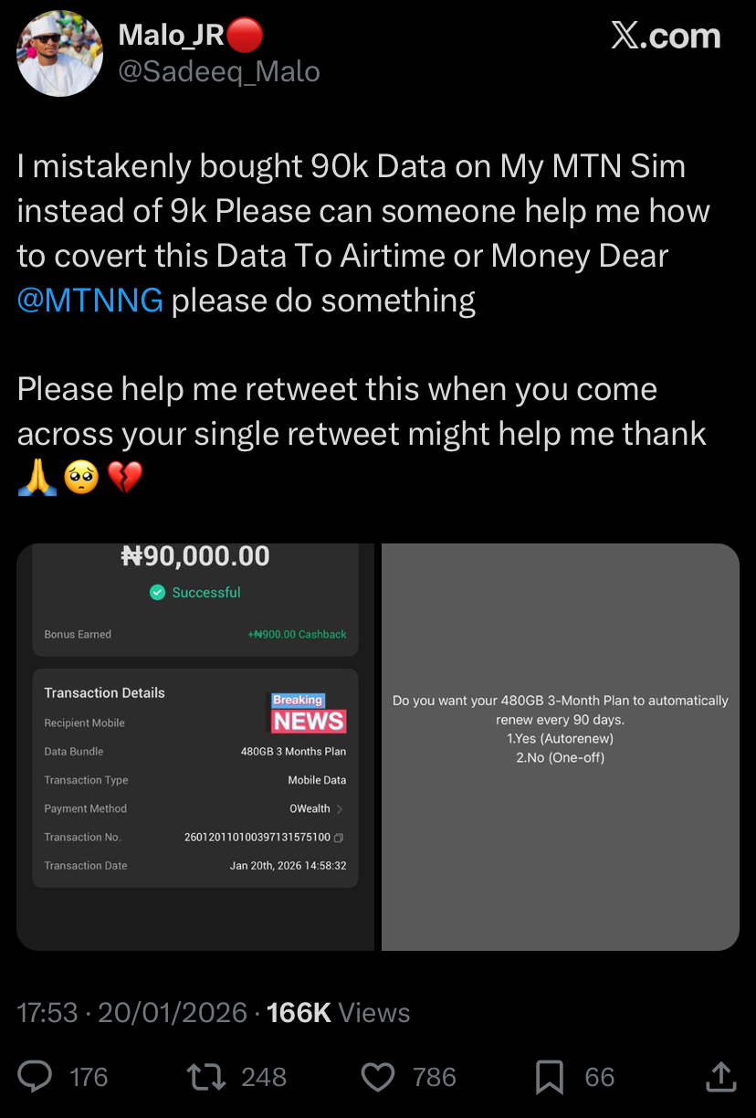 “Pls help me” - Man cries out after mistakenly buying N90,000 data instead of N9k