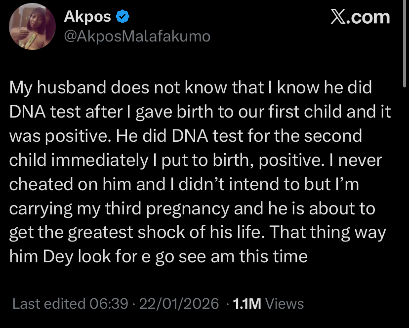 Married lady hints at surprise for her husband after he secretly conducted DNA Tests on their first two children