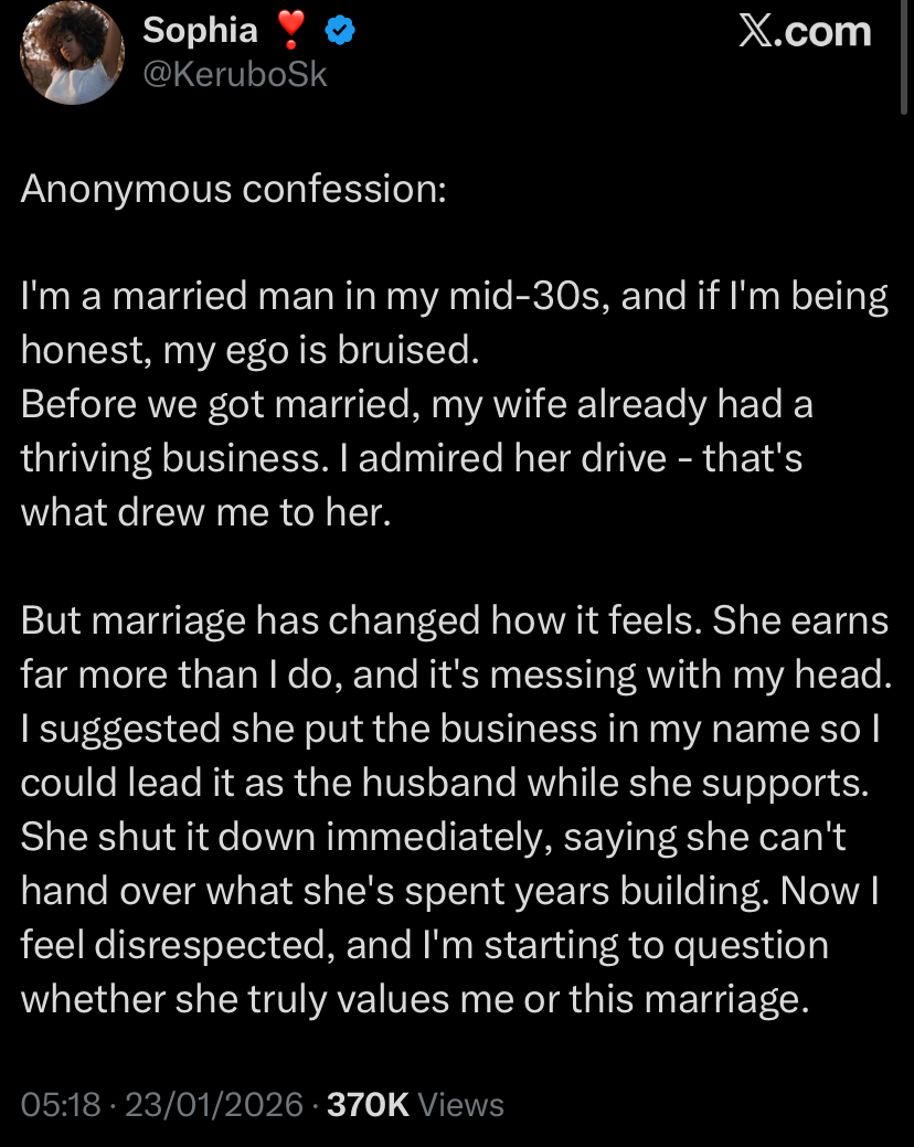 “I feel disrespected” - Man angry as wife refuses to hand over 'her business' to him