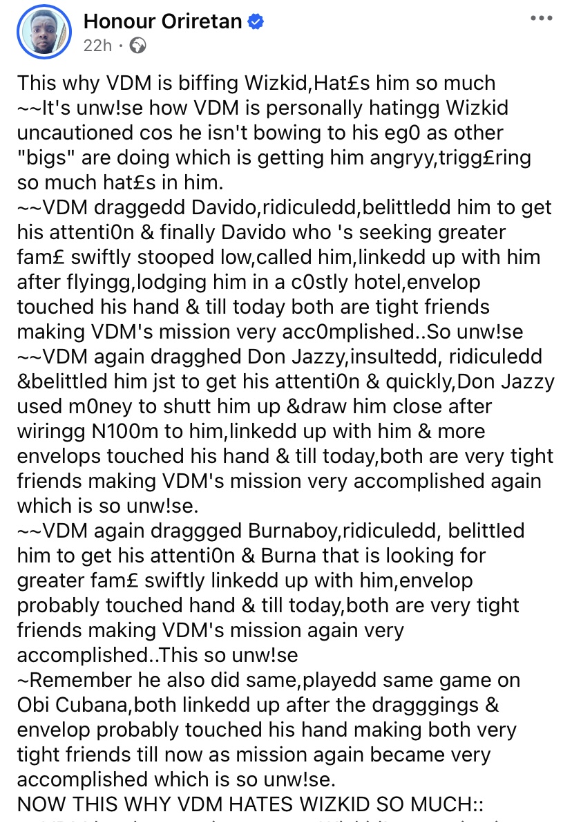 “Make I DM you” - Netizens dig up VDM’s 2023 post to Wizkid ‘begging’ him for money amid unending online rants