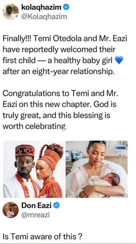Mr Eazi reacts as he reportedly welcomes first child with Temi Otedola
