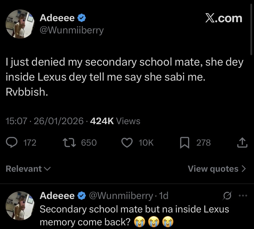 “Na inside Lexus memory come back? - Drama as lady publicly denies knowing old secondary school classmate