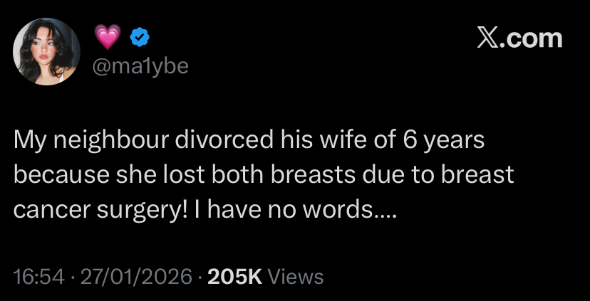 Man divorces wife after she loses both breasts to cancer