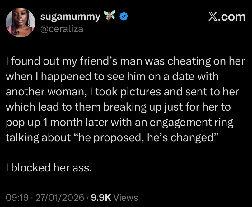 “I sent her proof he was...” - Lady reacts as friend accepts proposal from same man, says ‘he has changed’