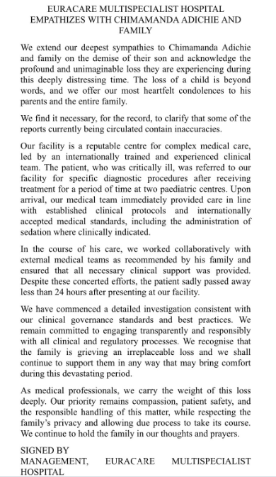 Chimamanda: “Despite our best efforts, the patient sadly passed away” - Euracare Hospital breaks silence, denies negligence allegations