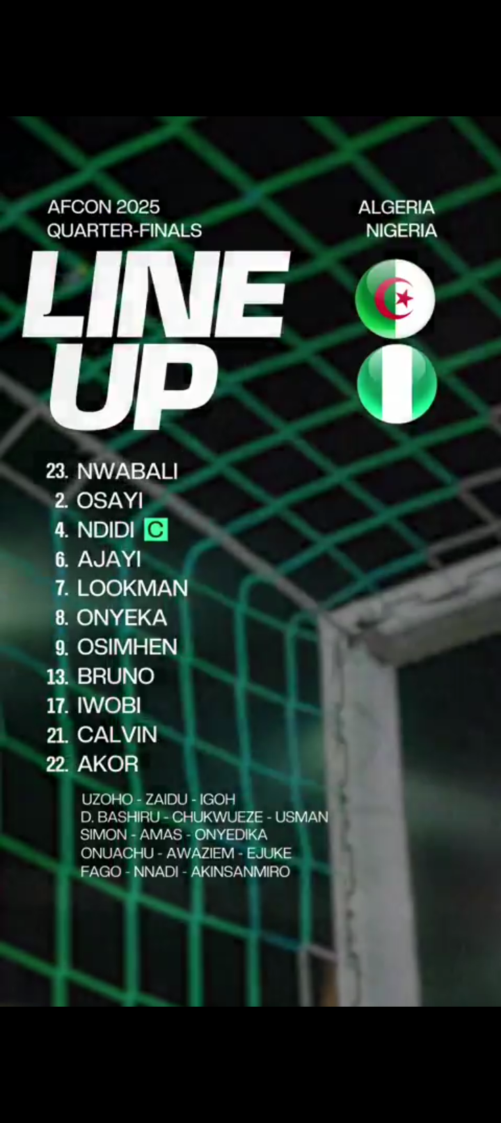 AFCON 2025: Super Eagles retain XI for Algeria quarter-final clash