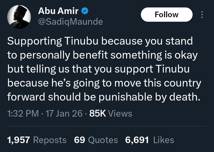 “Saying you support Tinubu because he will move Nigeria forward should be punishable by death” – Obidient
