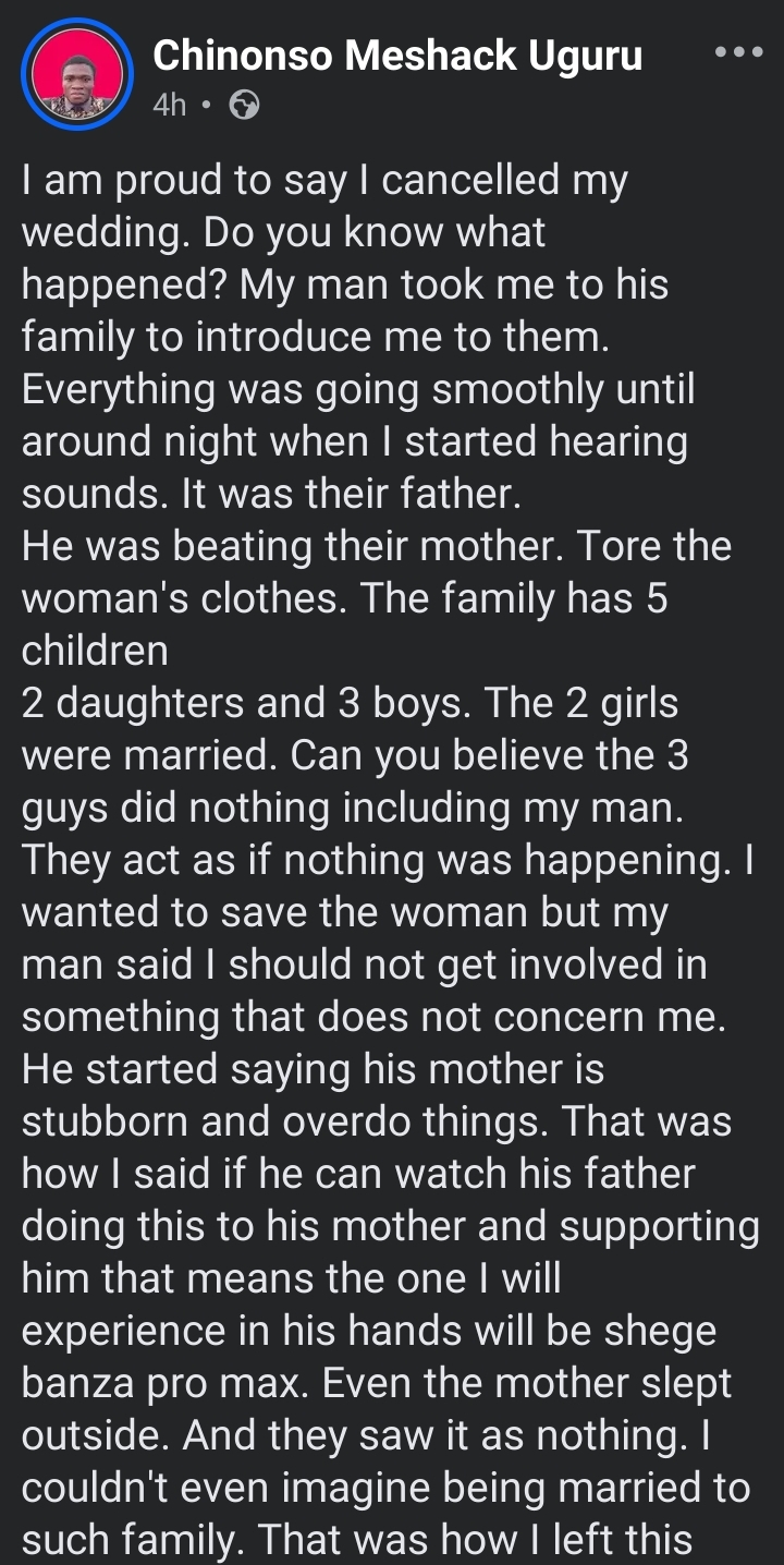 Lady cancels wedding after seeing how her fiancé’s father beat his wife