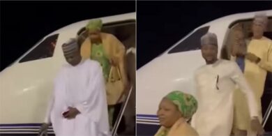 Moment Malami, wife, son arrive in private jet to heroic welcome in Kebbi after meeting N1.5bn bail condition