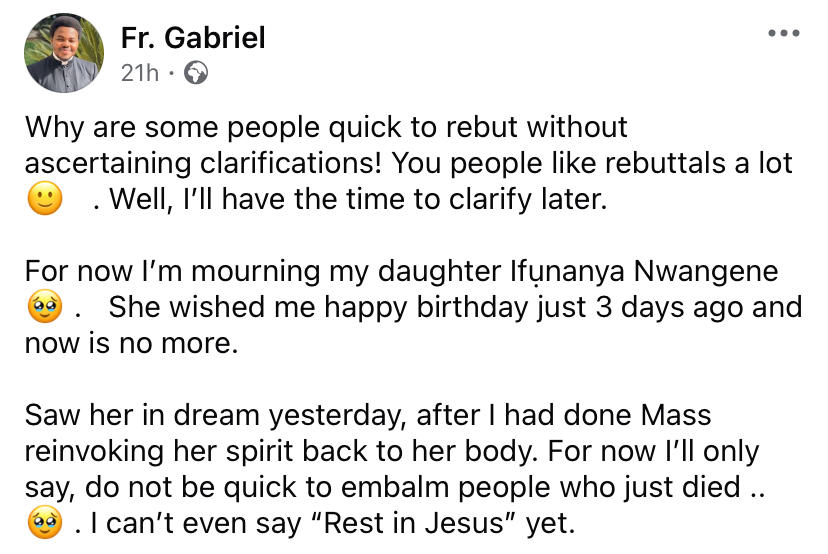 “Do not be quick to embalm...” - Rev. father shares strange dream about Nanyah hours after she died