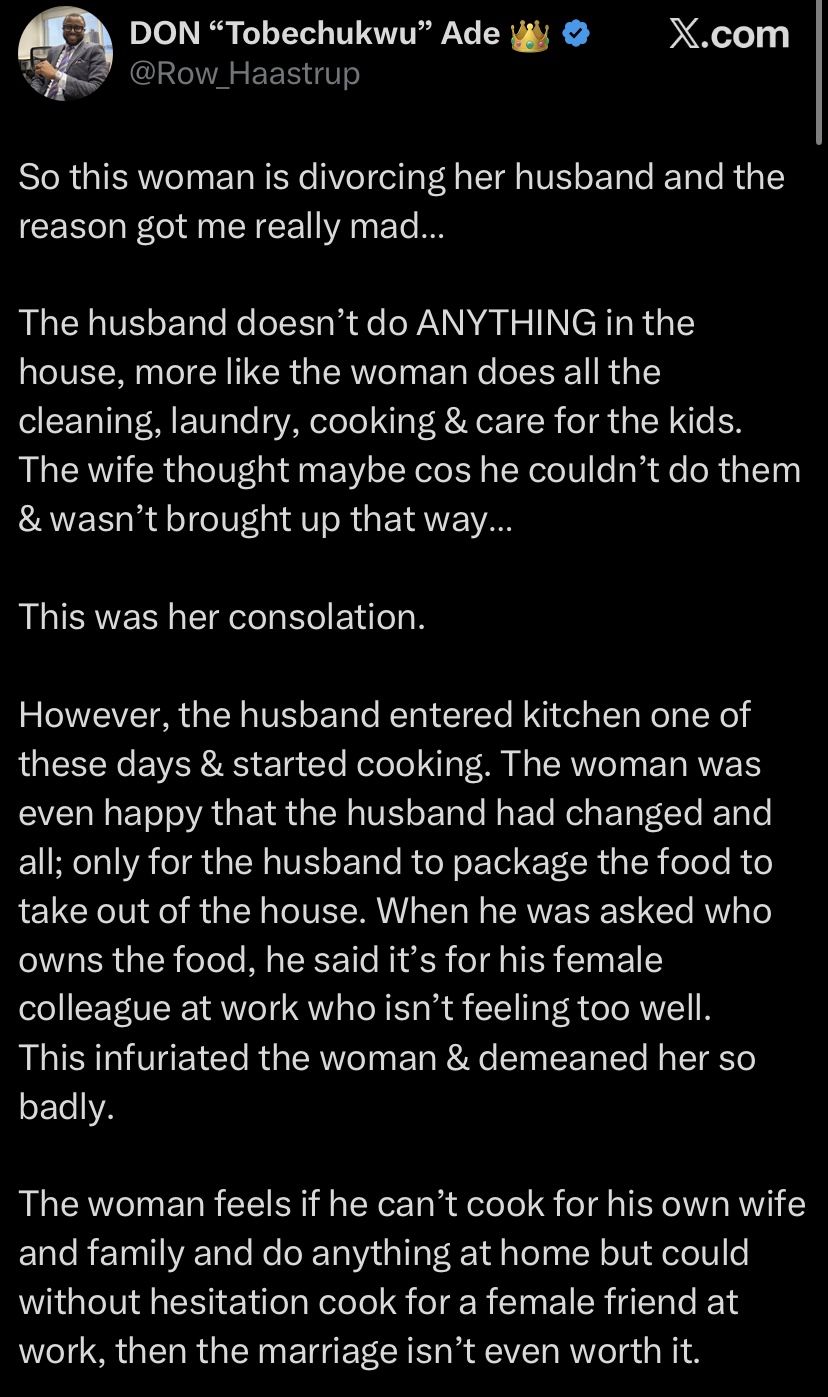 “He can cook for her, but not me?” - Wife files for divorce after catching husband cooking for female colleague