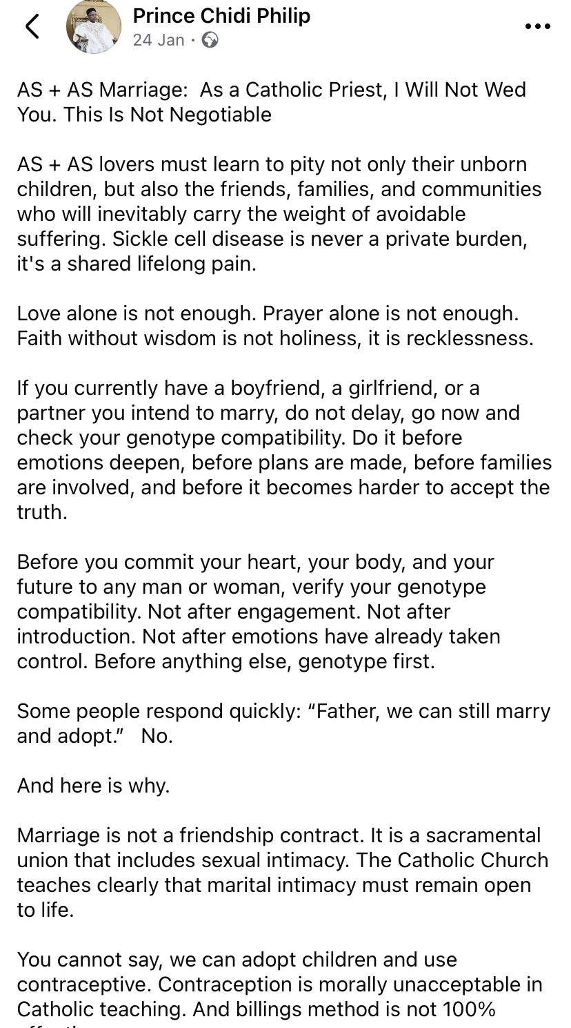 "I will not wed you" - Catholic Priest warns couples to check their genotypes before coming to the altar