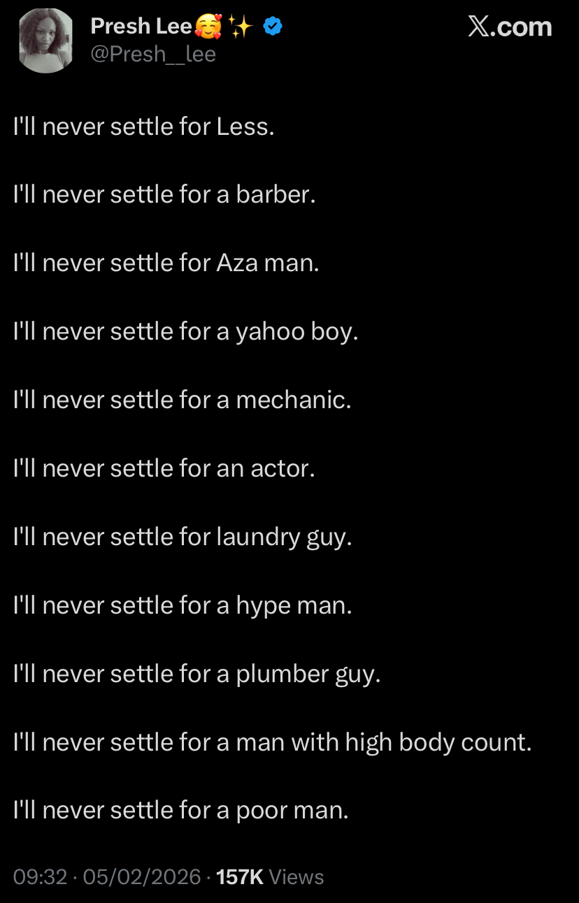 Lady lists type of men she’ll never settle for