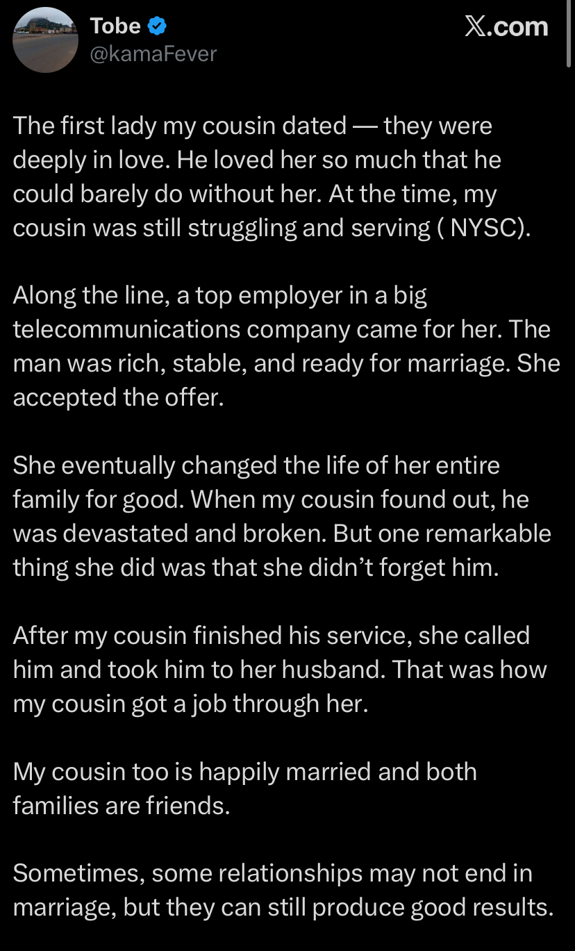 Lady who dumped struggling boyfriend for a rich man takes him to her husband to give him a job