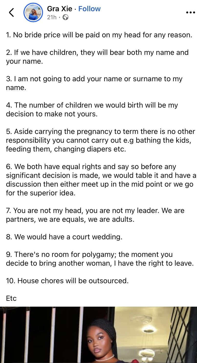 "You are not head, you are my partner" - Young lady lists her conditions for marriage