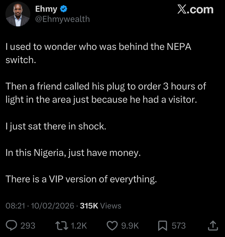 “In Nigeria, just have money” - Businessman shocked as friend orders VIP electricity in Nigeria