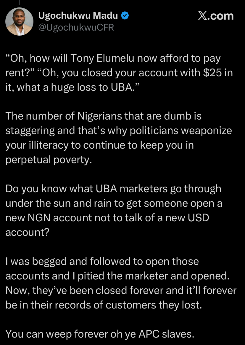 "I withdrew everything..." - Man closes UBA accounts after Tony Elumelu endorses Tinubu