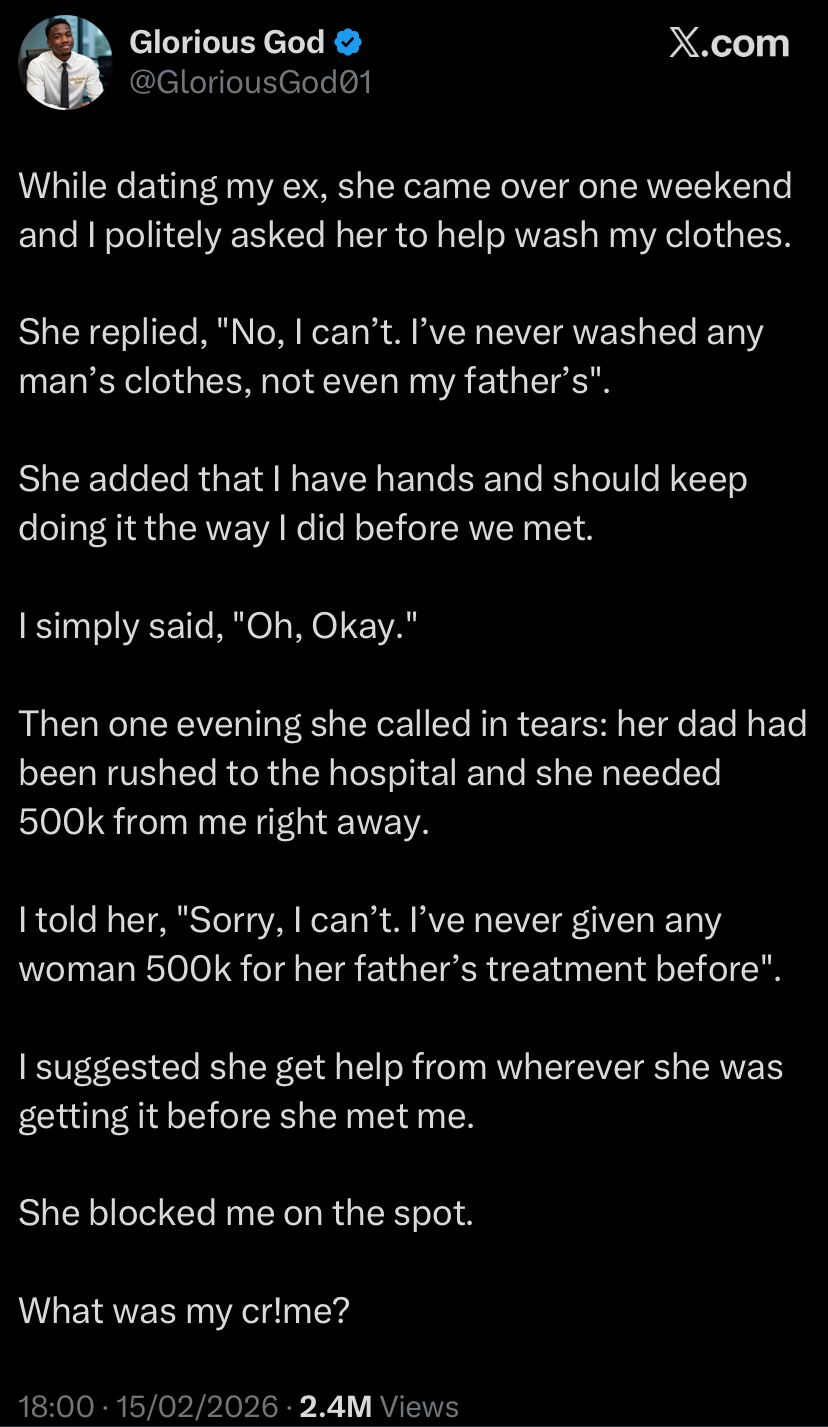 “What was my crime?” - Man sparks reactions after refusing ex N500k for father’s treatment