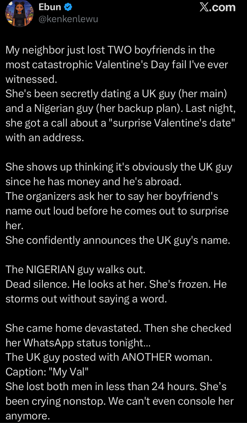 "She thought it was him… " - Lady loses two boyfriends on Valentine’s Day