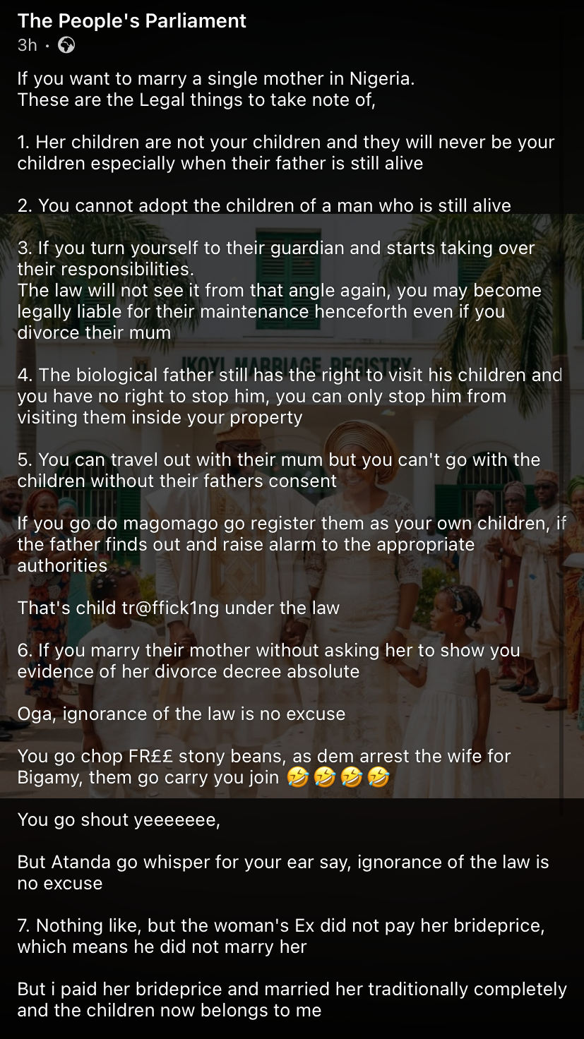 “If you want to marry a single mother in Nigeria, her children are not yours...” - Lawyer warns men