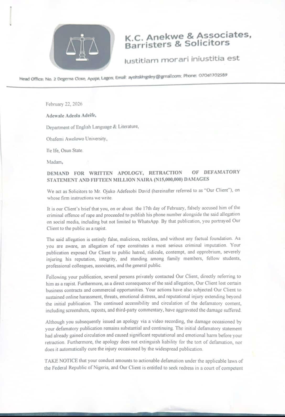 "You have only 14 days..." - OAU student sues colleague for N15 million over false grape allegation