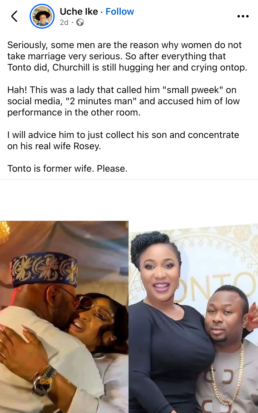 “This is why women don’t take marriage seriously” – Man reacts to Churchill taking Tonto Dikeh back