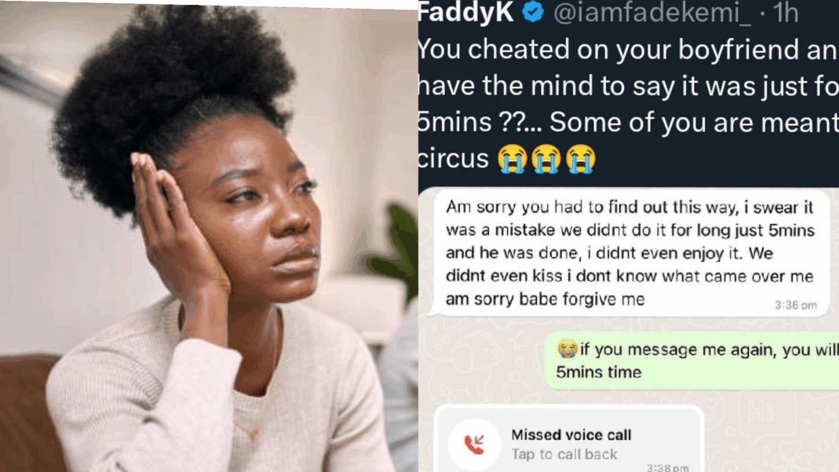 "It was just 5 minutes, I didn't even enjoy it" — Cheating girlfriend apologises to boyfriend