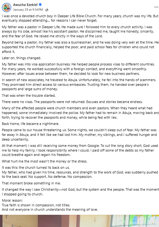 "What hurt me the most was the Church" - Ex-Deeper Life member shares why he stopped attending church