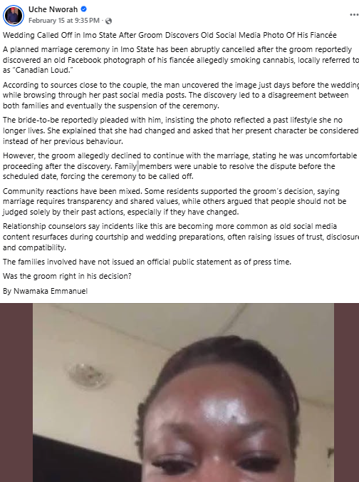 Groom reportedly cancels wedding after stumbling on fiancée’s old social media photo