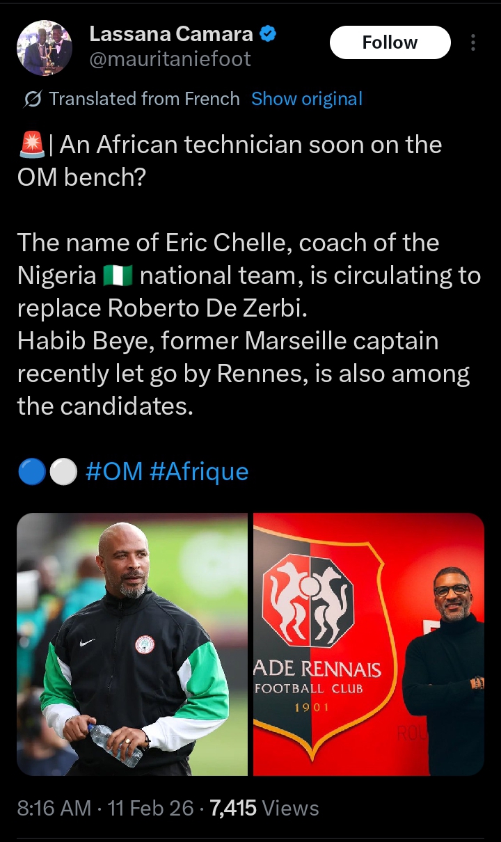 Super Eagle's Eric Chelle in line to replace sacked De Zerbi at Marseille